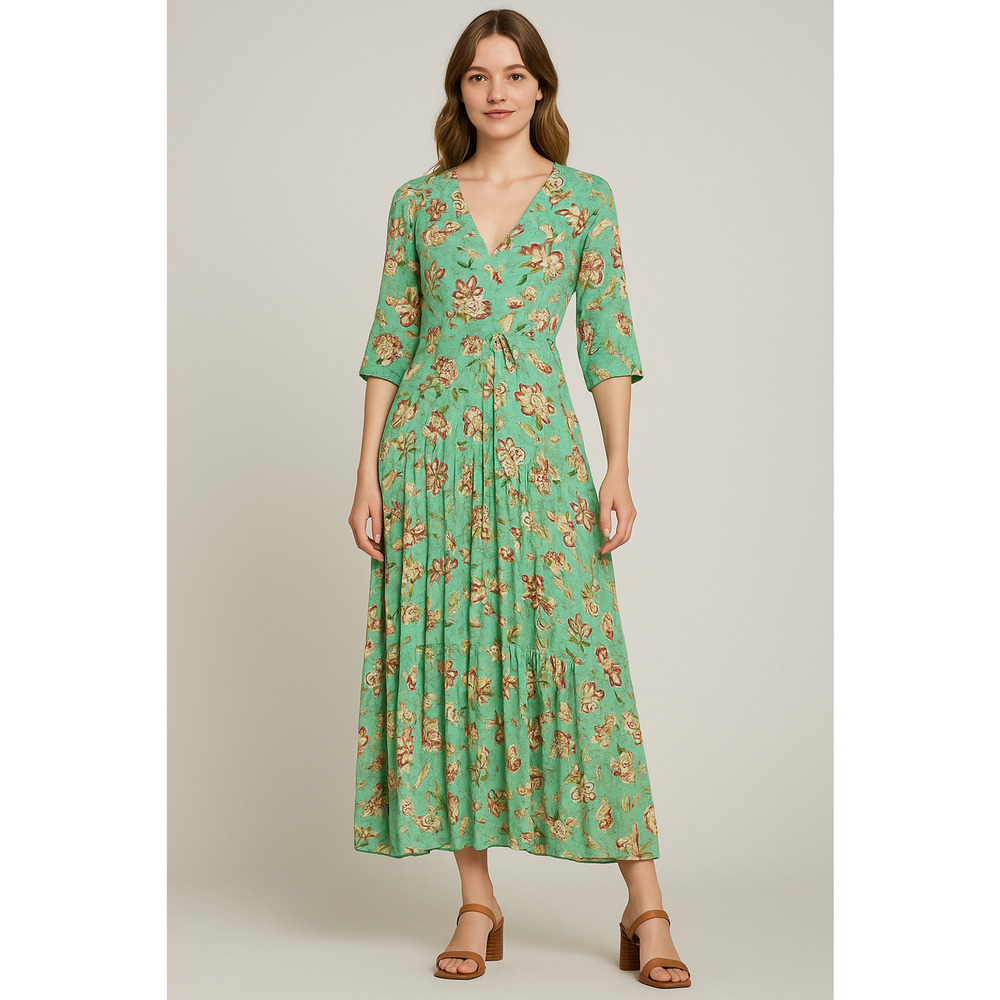 Sunday Mi Amor Anthropologie Dress Womens Small Green Floral Maxi Tiered Cottage